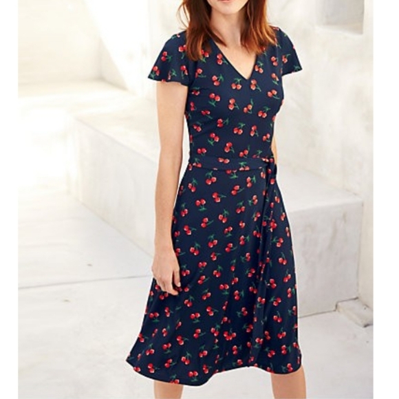 Talbots Dresses & Skirts - Talbots Navy Cherry Print Fit & Flare Midi Dress Flutter Sleeves Tie Wrap Belt